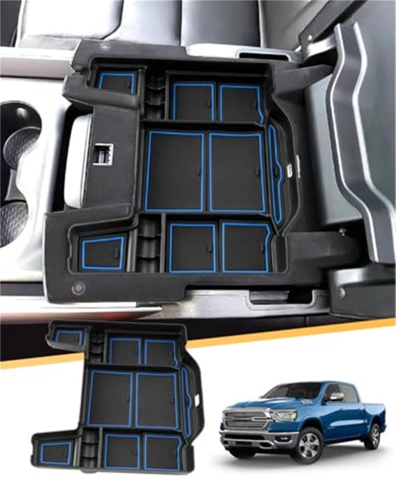 QASULER for Dodge, RAM 1500 MK5 2019-2023 2024 2025 Mittelkonsolen-Organizer, Ram 1500 Zubehör Mittelarmlehnen-Aufbewahrungsbox, Armlehnenablage Handschuhfach Armlehnen-Aufbewahrungsbox(Blue) von QASULER