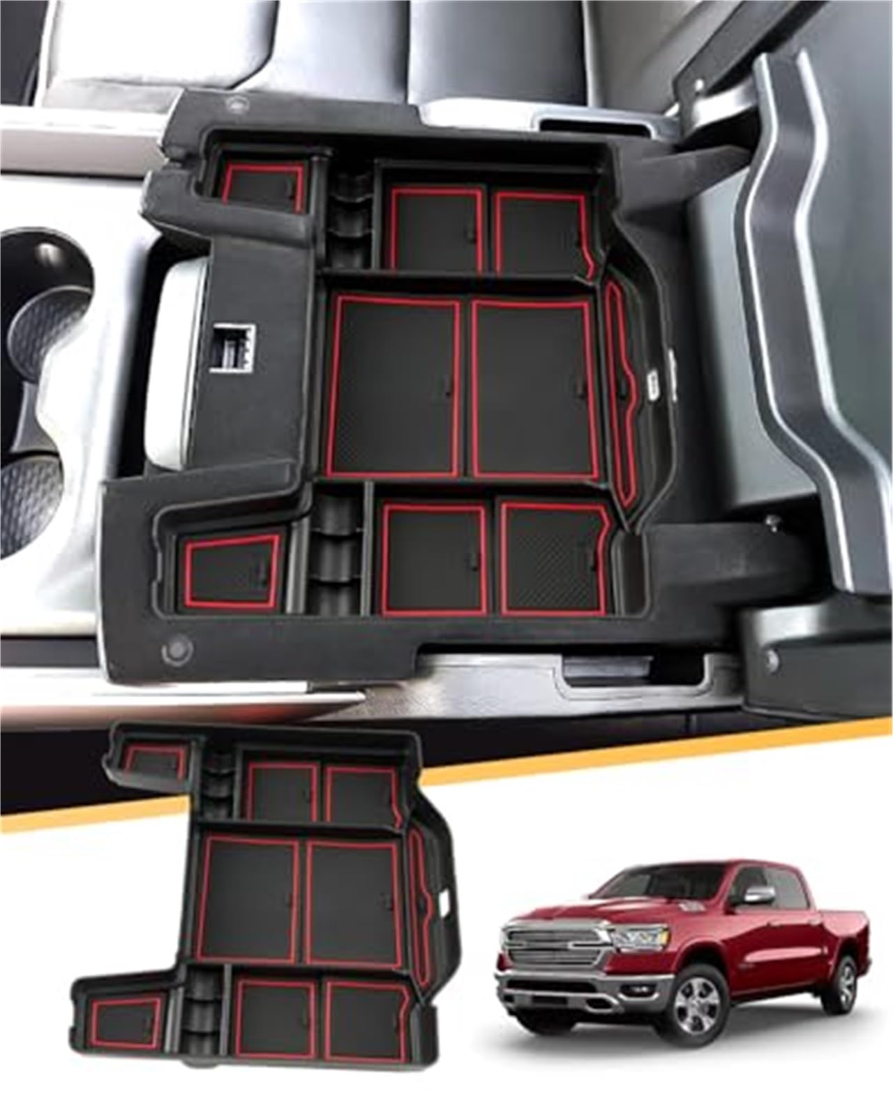 QASULER for Dodge, RAM 1500 MK5 2019-2023 2024 2025 Mittelkonsolen-Organizer, Ram 1500 Zubehör Mittelarmlehnen-Aufbewahrungsbox, Armlehnenablage Handschuhfach Armlehnen-Aufbewahrungsbox(Red) von QASULER