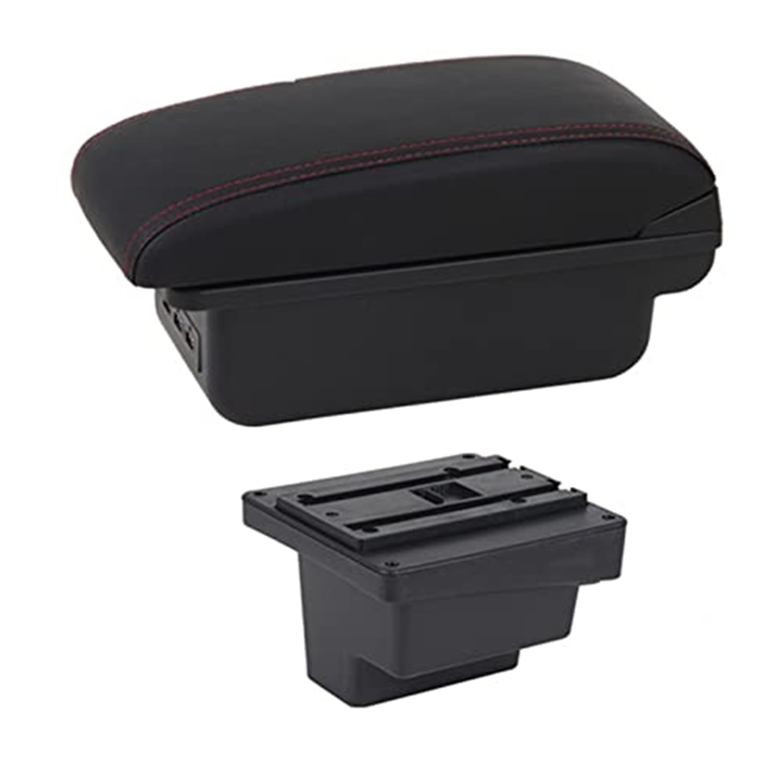 QASULER for VW, for Tiguan, Armlehnenbox Lederarmlehne Mittelkonsole Aufbewahrung Getränkehalter USB-Aufladung Autozubehör Armlehnenbox Auto-Mittelkonsolenabdeckung(Black C1 Red Line) von QASULER