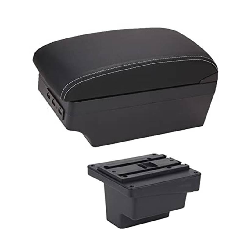 QASULER for VW, for Tiguan, Armlehnenbox Lederarmlehne Mittelkonsole Aufbewahrung Getränkehalter USB-Aufladung Autozubehör Armlehnenbox Auto-Mittelkonsolenabdeckung(Black E White Line) von QASULER