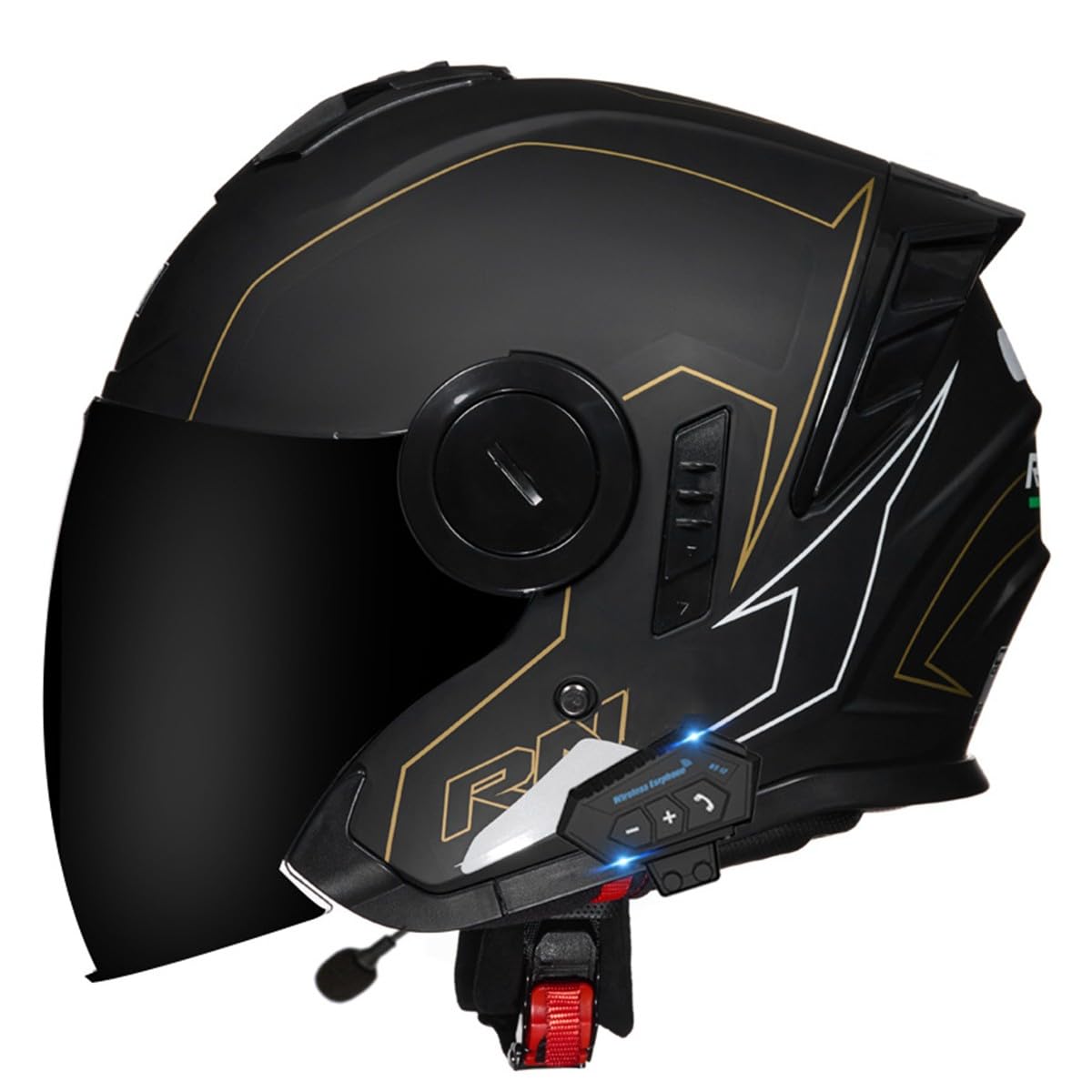 Bluetooth Jethelm Motorradhelm ECEDOT Zertifizierung Integrierter Bluetooth Helm Jet Scooter Helm Rollerhelm Herren Damen Mit Doppelvisier Winddichter Motorrad Halbhelm 14,M:57-58CM von QAZXCVB