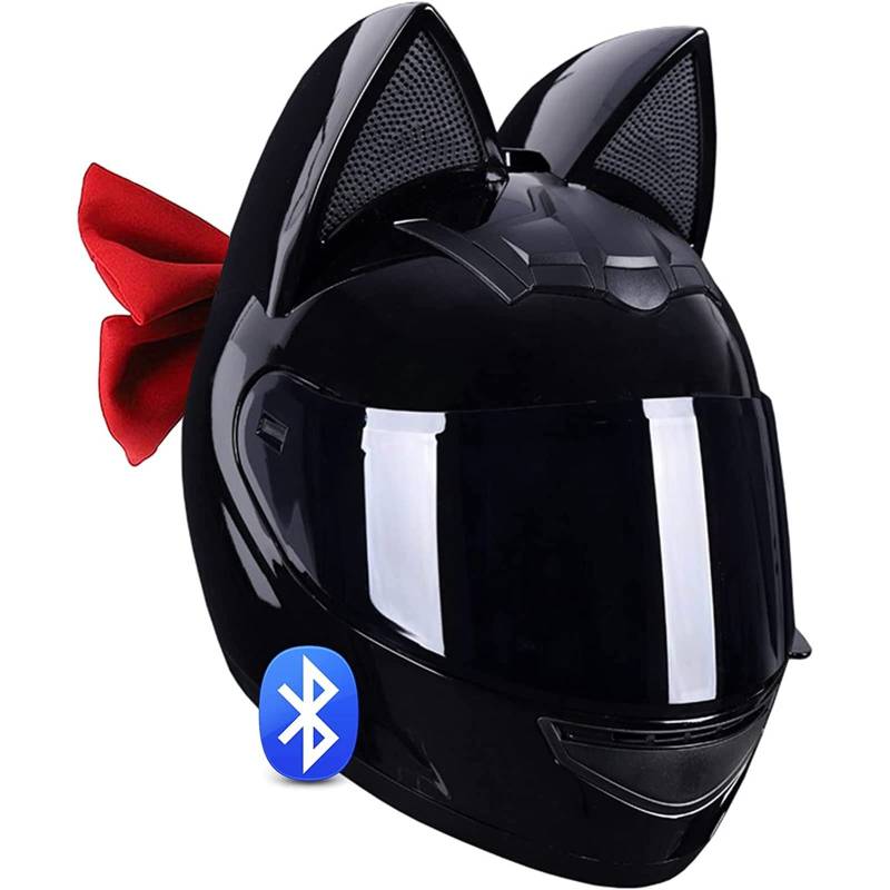 Bluetooth Motorrad Katzenohren Vollhelm,Erwachsener Cool Motorradhelm ECE Zertifizierung Männer Frauen Alle Jahreszeiten Integralhelm Mit Schleife Elektroroller Helm 9,M:54-56CM von QAZXCVB