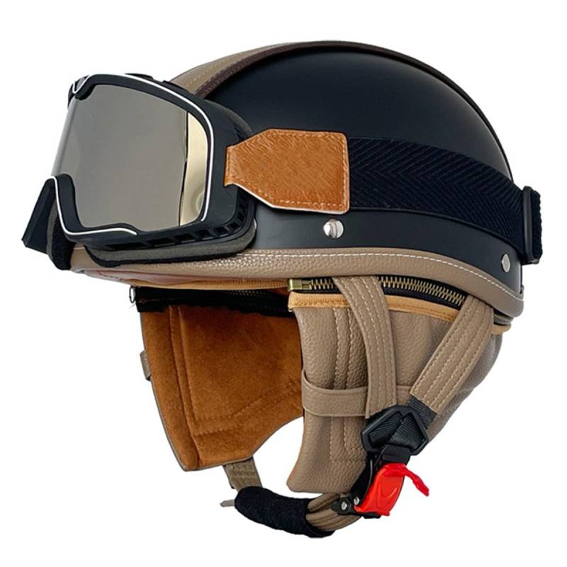 Halbhelme Motorradhelm Schutzhelm Für Erwachsene Herren Damen DOT/ECE-Zertifizierter Vintage Deutschen Stil Jethelme Mopedhelm Mit Brille Halbschalenhelm Rollerhelm Scooter-Helm 3,S:55-56CM von QAZXCVB