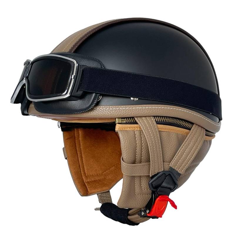 Halbhelme Motorradhelm Schutzhelm Für Erwachsene Herren Damen DOT/ECE-Zertifizierter Vintage Deutschen Stil Jethelme Mopedhelm Mit Brille Halbschalenhelm Rollerhelm Scooter-Helm 4,XXL:63-64CM von QAZXCVB