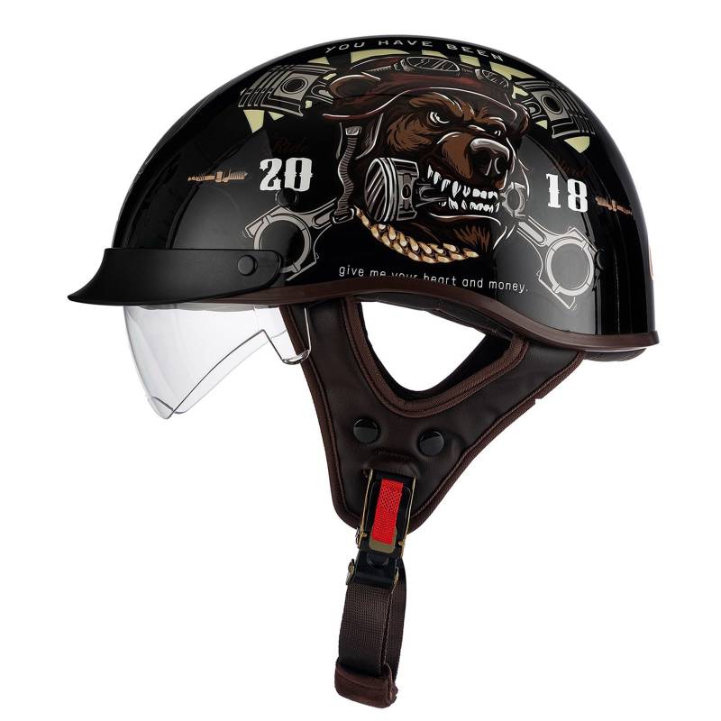 Halbschalenhelm Jethelm ECE-Zulassung Vintage Motorradhelm Baseball Cap Cruiser Scooter Helm Mit Built-In Visier Retro Motorrad Halbhelm Für Herren Damen Four Seasons 5,M von QAZXCVB