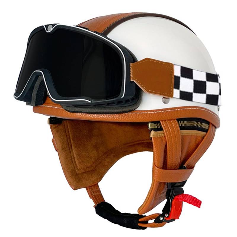 Retro Motorrad Halbhelme Motorradhelm Für Herren Und Damen DOT/ECE-Zertifizierter Halbschalenhelm Braincap Jethelm Mit Brille Cruiser Chopper Moped Scooter Offenem Helm 1,L:59-60CM von QAZXCVB