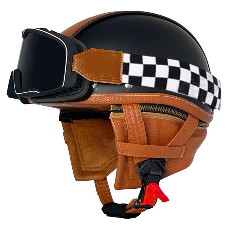 Retro Motorrad Halbhelme Motorradhelm Für Herren Und Damen DOT/ECE-Zertifizierter Halbschalenhelm Braincap Jethelm Mit Brille Cruiser Chopper Moped Scooter Offenem Helm 13,S:55-56CM von QAZXCVB