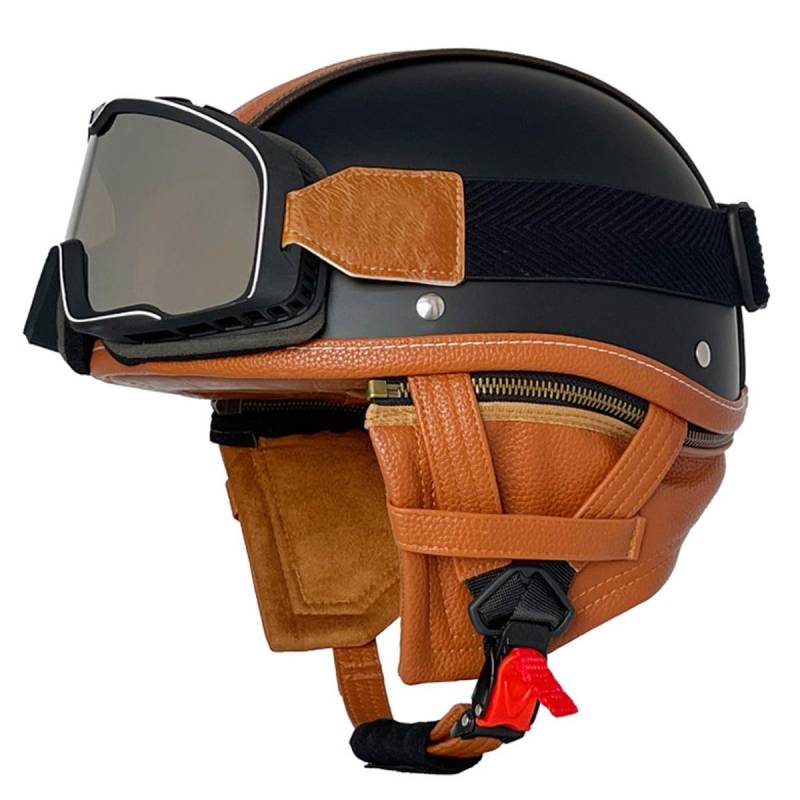 Retro Motorrad Halbhelme Motorradhelm Für Herren Und Damen DOT/ECE-Zertifizierter Halbschalenhelm Braincap Jethelm Mit Brille Cruiser Chopper Moped Scooter Offenem Helm 14,M:57-58CM von QAZXCVB