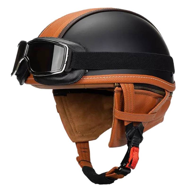 Retro Motorrad Halbhelme Motorradhelm Für Herren Und Damen DOT/ECE-Zertifizierter Halbschalenhelm Braincap Jethelm Mit Brille Cruiser Chopper Moped Scooter Offenem Helm 15,XXL:63-64CM von QAZXCVB