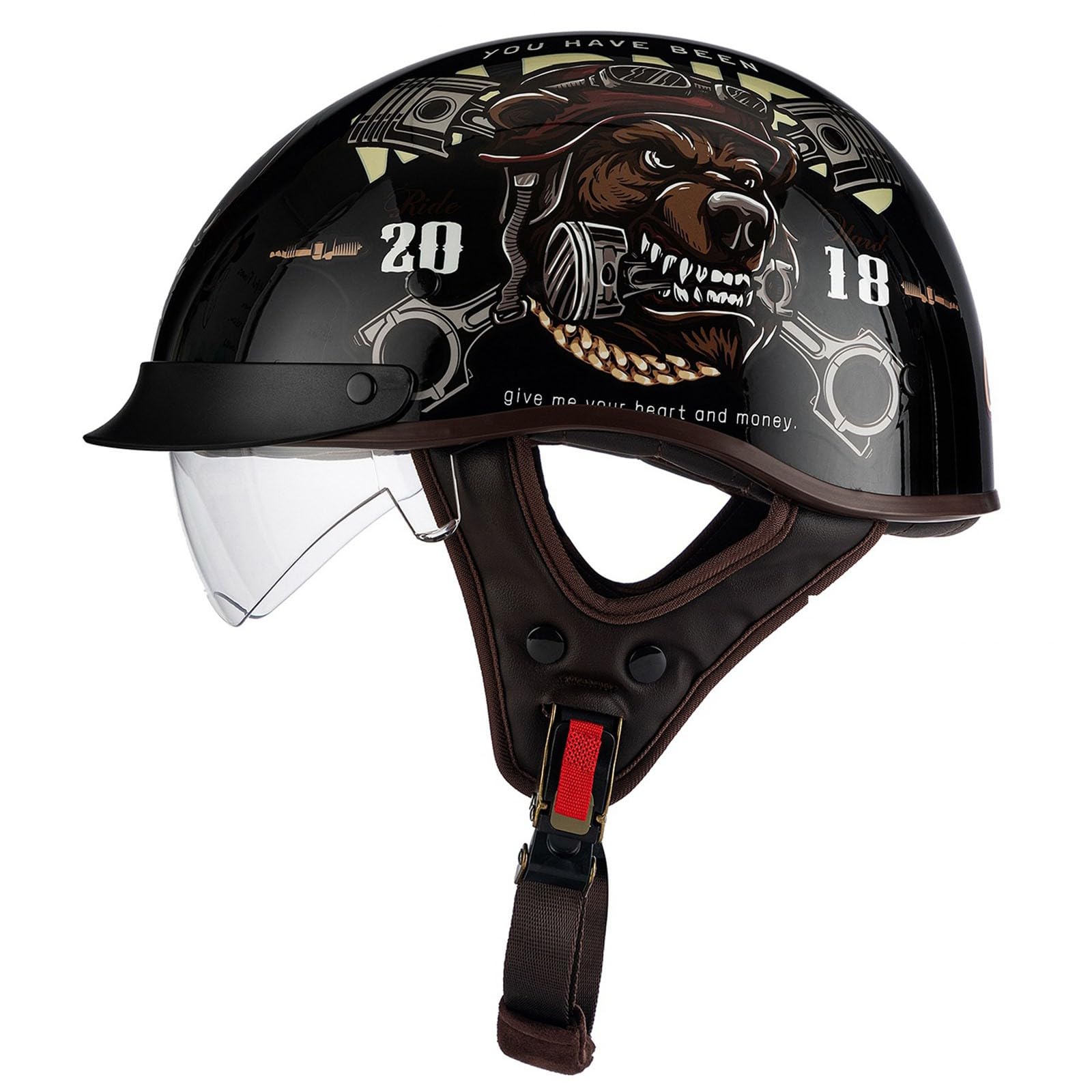 Vintage Deutsche Motorrad Halbhelme,Halbschalenhelm Braincap Jethelm Roller-Helm Für Herren Und Damen ECE-Zertifizierung Motorradhelm Mit Visier Moped Scooter Offenem Helm 4,L:59-60CM von QAZXCVB