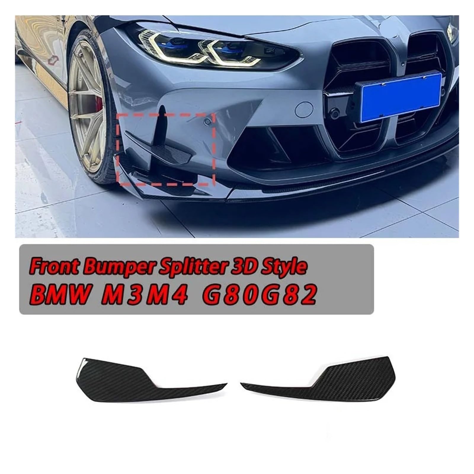 QCUMEWAJ Frontstoßstangen-Seiten-Canards, Flossenklappen, Verkleidung, kompatibel mit BMW M3 M4 G80 G82 G83 2021- IN, Auto-Splitter-Bodykit 3D-Stil, 2-teilig, trockene Kohlefaser von QCUMEWAJ