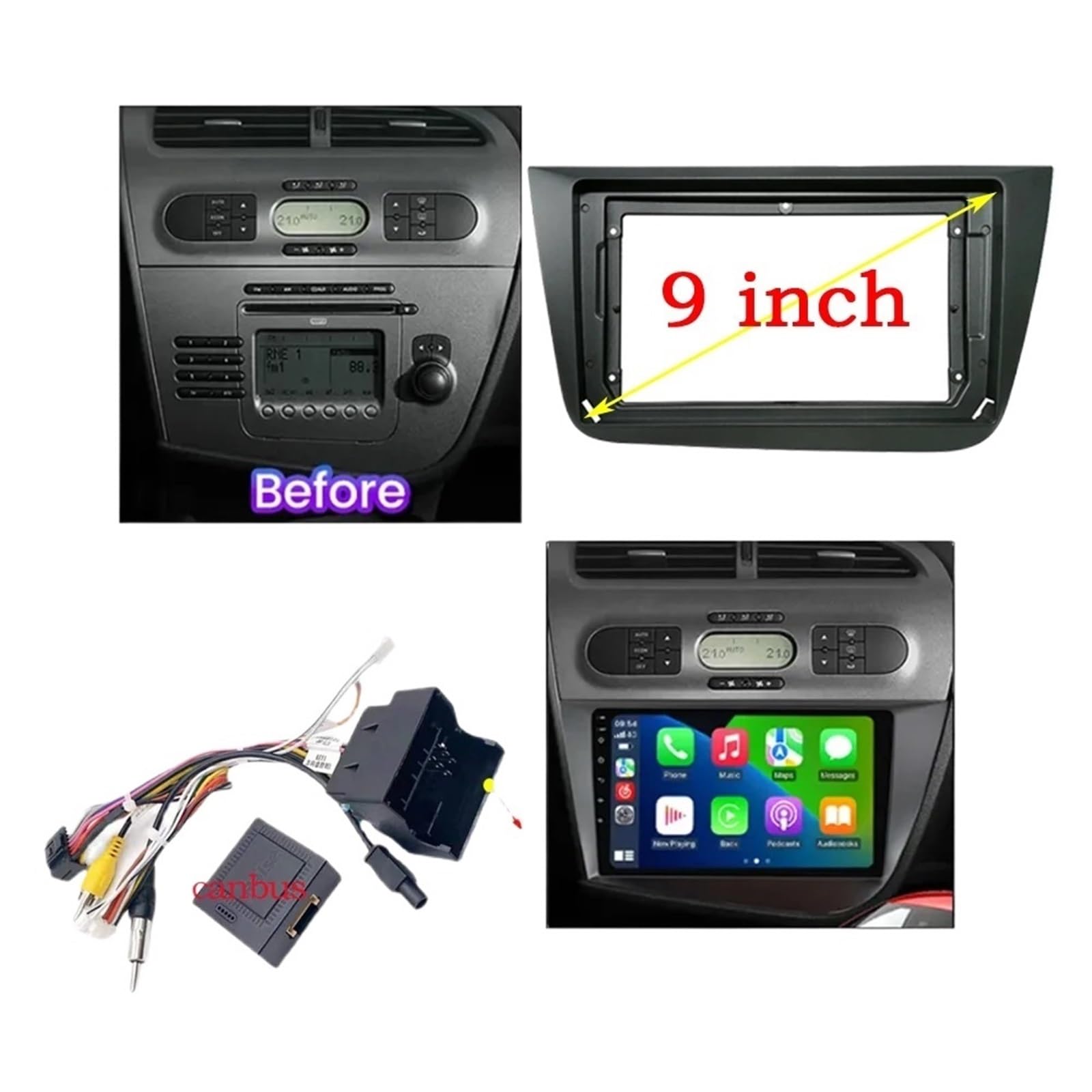 Radio Stereo Panel Autoradio-Blende/Passend for SEAT Altea 2004-2015 Toledo 2004-2015 9-Zoll-Stereo-GPS-DVD-Player Einbaublende Armaturenbrett-Montagesatz Audiorahmen von QDEIDEDT