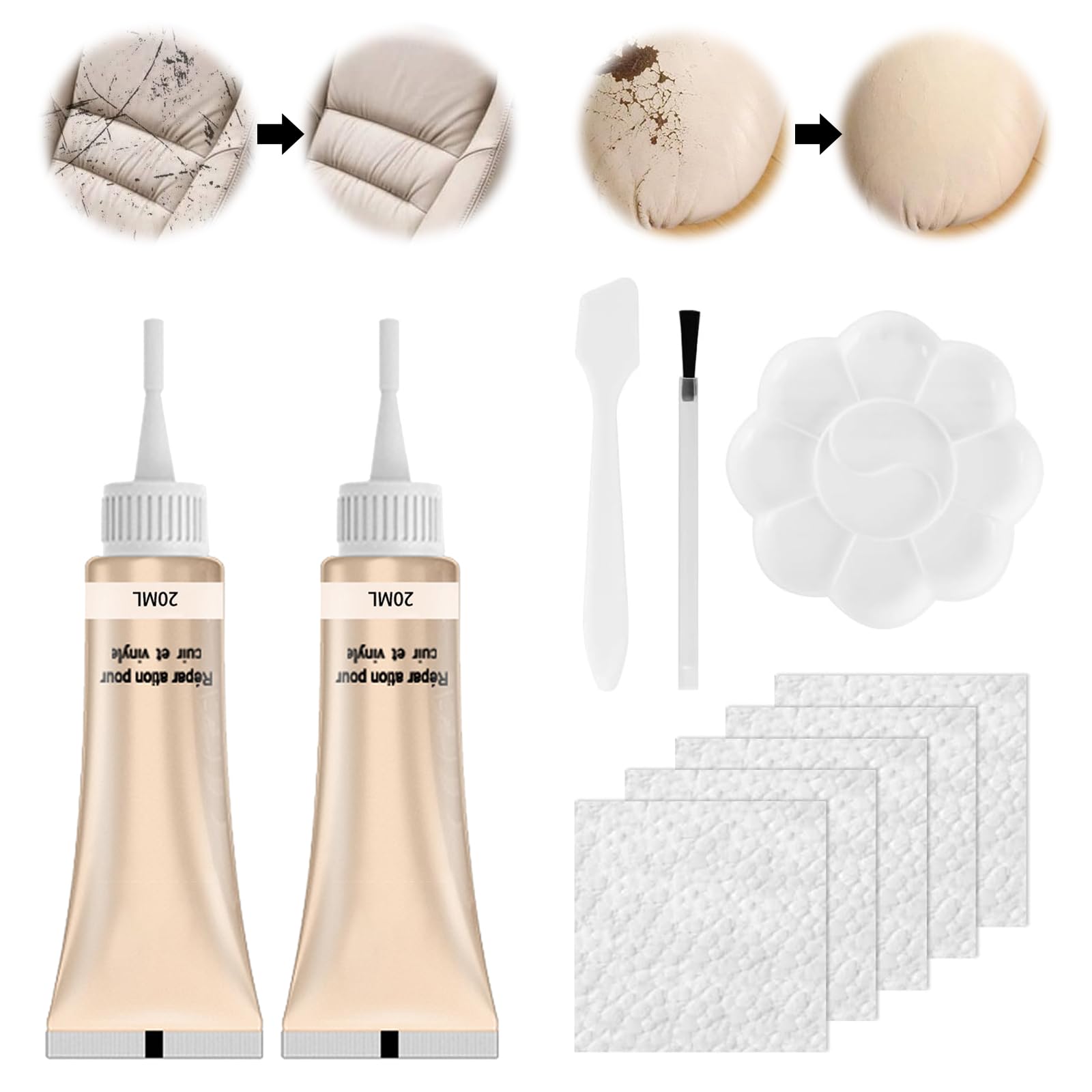 QEEROYO Leder Reparatur Set, Kunstleder Reparaturset, Lederreparatur Creme, 2×20ml Leder Kratzer Entferner, Reparatur Set für Autositze,Sofas, Lederjacke,Schuhe,Gürtel Kratzer,Löcher, Beige von QEEROYO