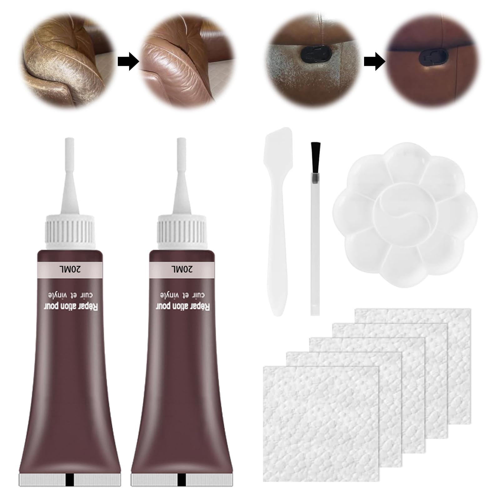 QEEROYO Leder Reparatur Set, Kunstleder Reparaturset, Lederreparatur Creme, 2×20ml Leder Kratzer Entferner, Reparatur Set für Autositze,Sofas, Lederjacke,Schuhe,Gürtel Kratzer,Löcher, Braun von QEEROYO