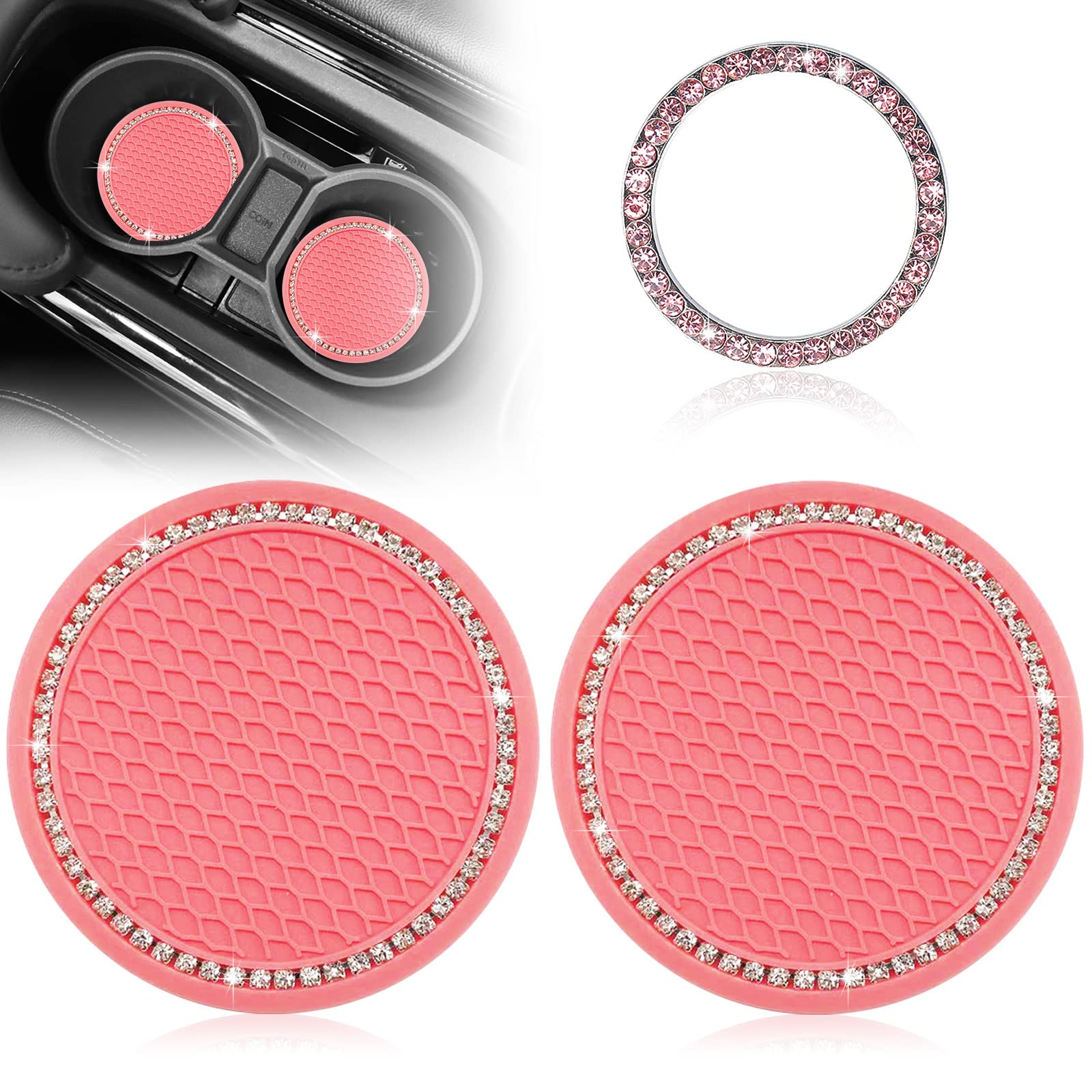 3 Stück Auto Untersetzer Getränkehalter Auto Car Coasters Bling Anti-Rutsch Silikon Untersetzer Auto Zubehör Innenraum Car Cup Holder, Motor Zündknopf Ring Becherhalter Auto Deko Innen (Rosa) von QESSUVNC