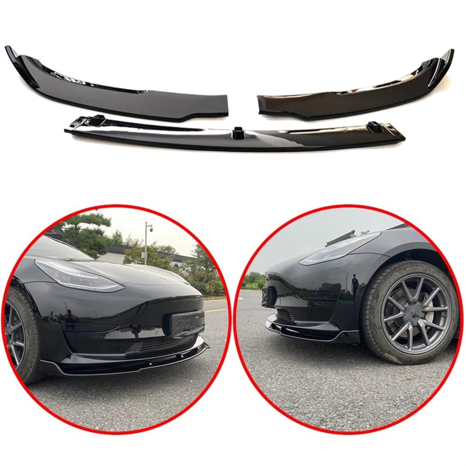 QILINGS Frontstoßstange Spoiler Für Tesla Für Modell 3 2016 Zu 2022 Limousine Carbon Fiber Look Glänzend Schwarz Auto Front Stoßstange Splitter Lip Body Kit Spoiler Frontlippe Spoiler(Glossy Black) von QILINGS