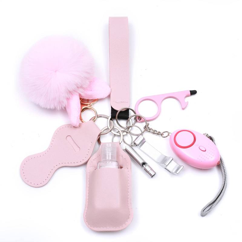 QINER Selbstverteidigung Schlüsselanhänger Set Frauen mit Persönlicher Alarm, Sicherheits Schlüsselanhänger Set mit Sicherheitshammer, Pfeife und Pom Pom, Self Defense Keychain Geschenke für Frauen von QINER