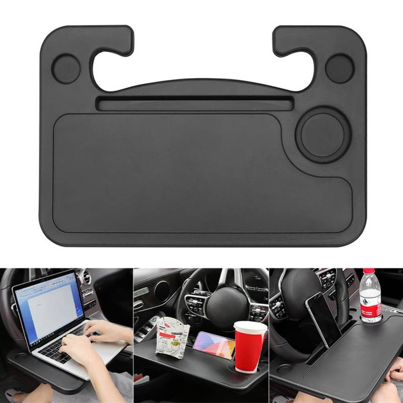 QINGQUE Auto-Lenkradablage, 2 in 1 Auto Lenkradtisch Nahrungsmitteltablett Laptop-Schreibtisch mit Handyhalter, Auto-Reisetisch, Lebensmittel, Kaffee, Getränk, Laptop-Halterung (Schwarz) von QINGQUE