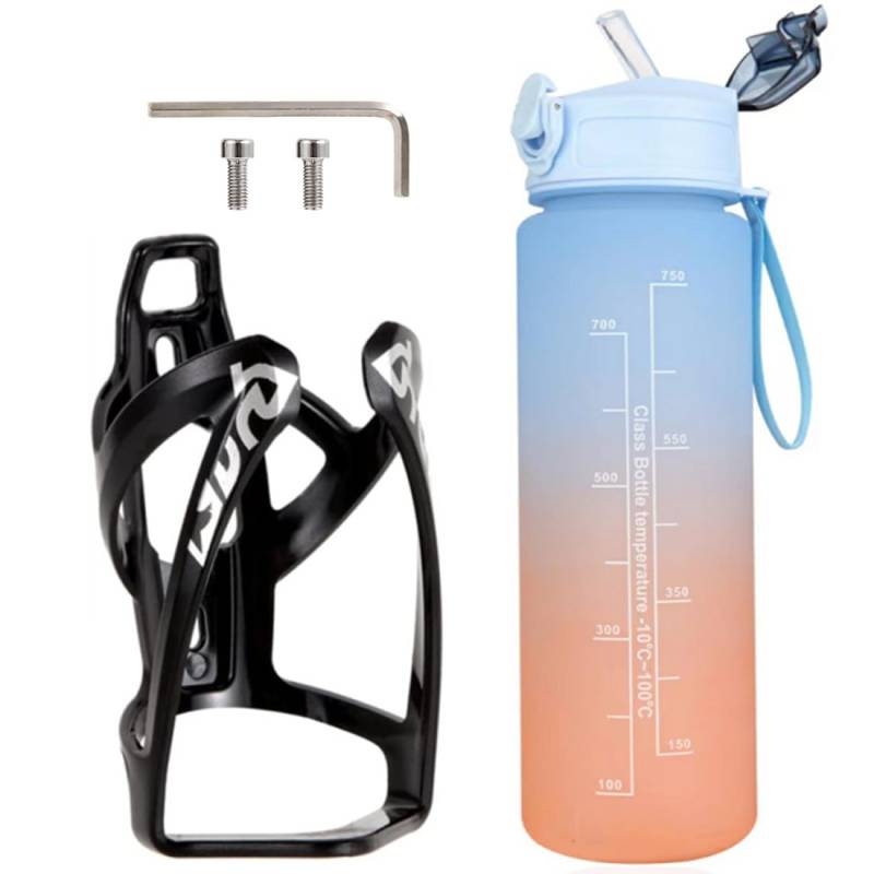 Fahrrad Flaschenhalter Set, Fahrrad Getränkehalter mit 750ML Motivierende Sport-Wasserflasche, Leichter Mountainbike Wasserflasche Käfig Zeitmarkierungen Sportflasche Set für Fahrrad Radfahren von QINIFIFY