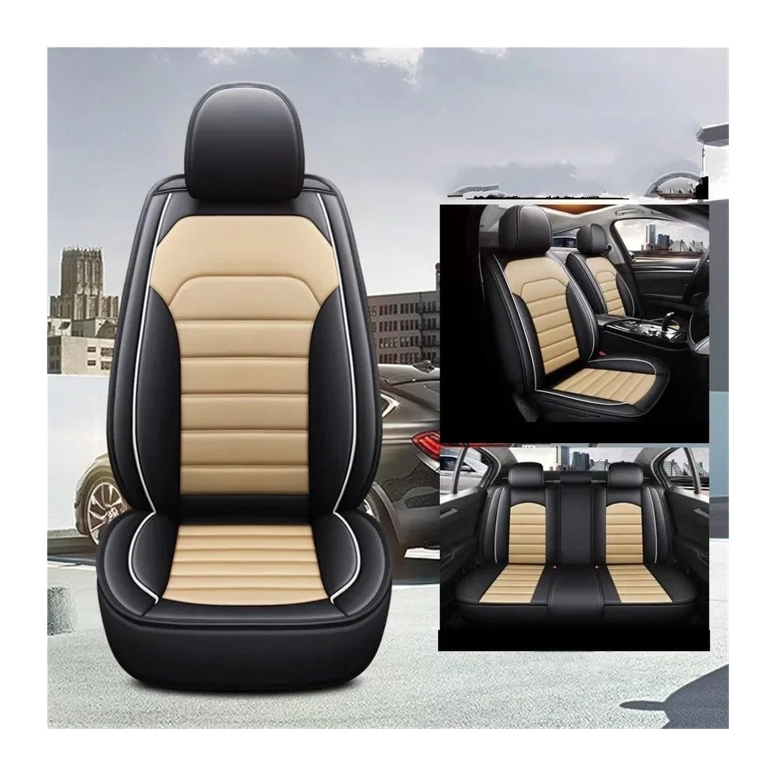 Autositzbezüge Innenzubehör Für Nissan Qashqai Juke Für Leaf Für Armada Für Altima Cube Dualis Tiida Für Bluebird Universal Style 3D-Autositzbezug Sitzbezug Auto(Black beige 5 Seat1) von QINSHU