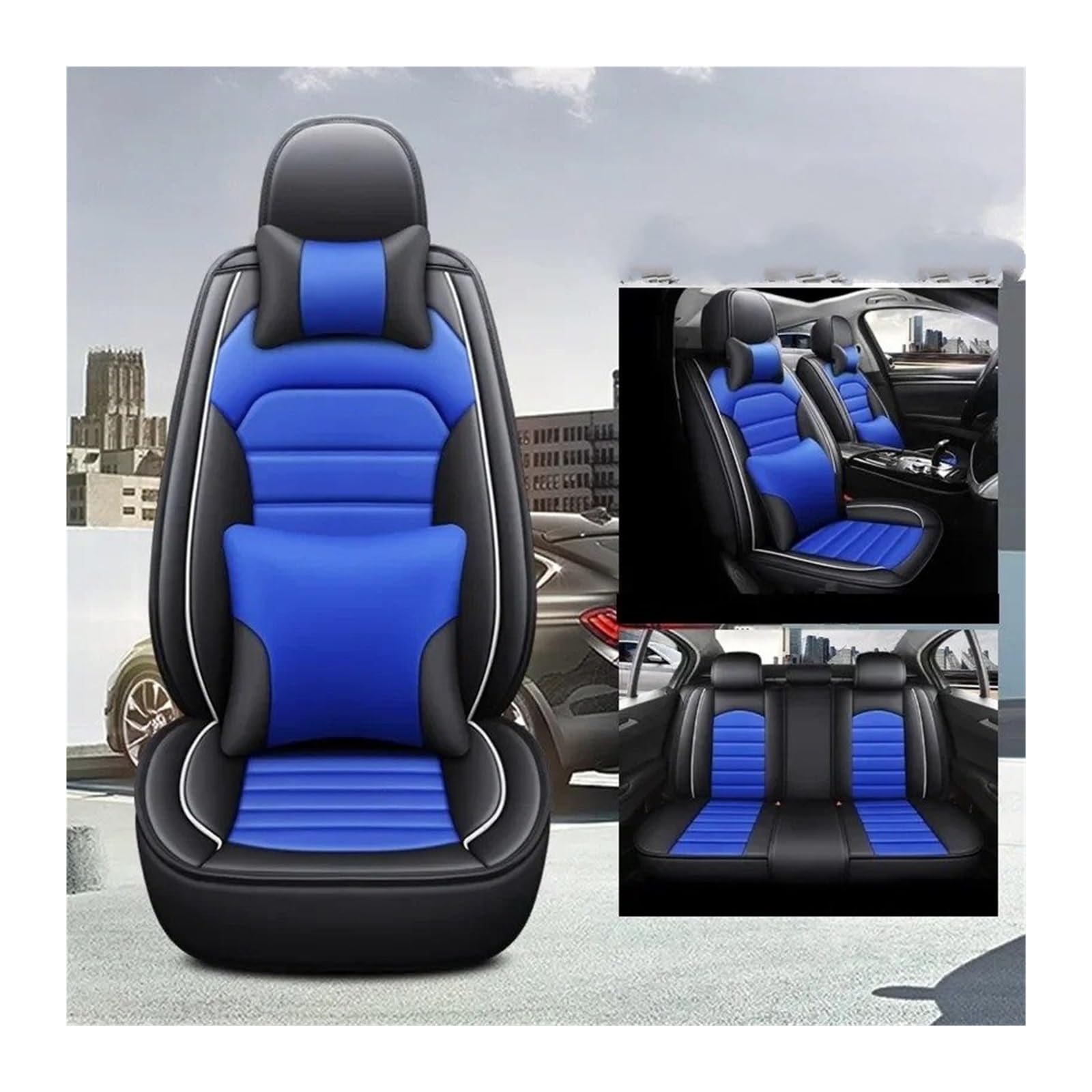 QINSHU Autositzbezüge Universeller Stil Für 2 Serie Alle Automodelle F22 F23 F44 F45 F46 G42 3D -Autositzabdeckung Innenzubehör PU Leder Sitzbezug Auto(Black Bule 5 Seat) von QINSHU