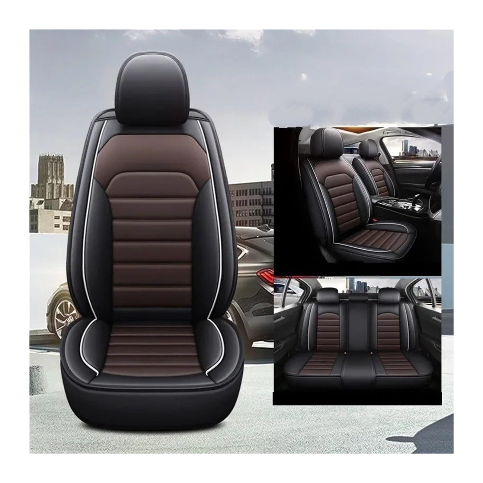 QINSHU Autositzbezüge Universeller Stil Für 2 Serie Alle Automodelle F22 F23 F44 F45 F46 G42 3D -Autositzabdeckung Innenzubehör PU Leder Sitzbezug Auto(Black Coffee 5 Seat1) von QINSHU