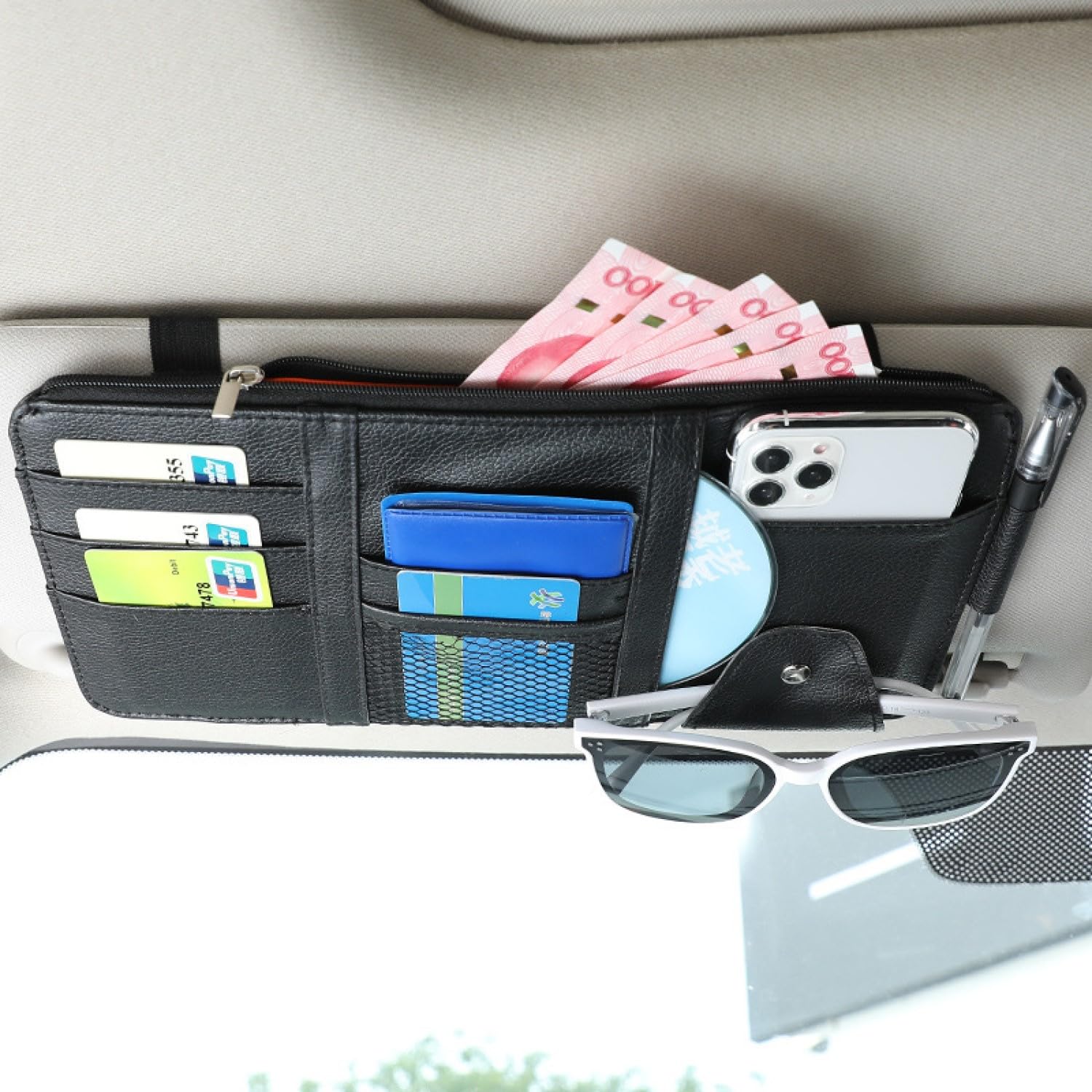 Auto Sonnenblende Organizer, Auto Interieur Leder Sonnenblenden Organizer, sonnenblenden Organizer, Car Sun Visor Organizer, für Sonnenbrille Halter Kartenhalter Multifunktions Aufbewahrungstasche von QIUPFGUT