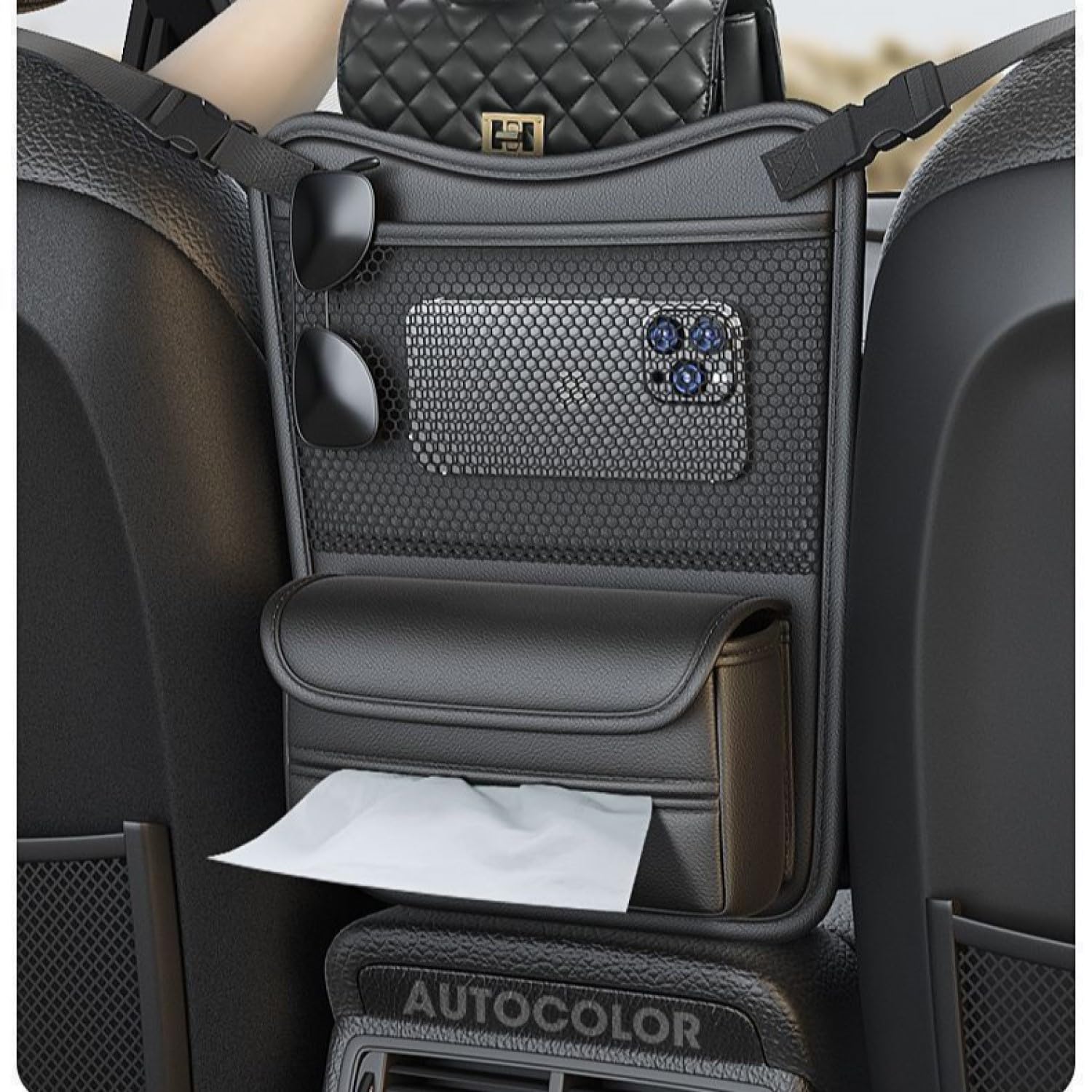 luxuriöser Autositz-Organizer mit Taschentuchbox, Auto Aufbewahrungstasche, Handtaschenhalter für das Auto den Sitzen, Autositz Organizer, Auto Rücksitz Organizer für Snacks Wallets Getränke Tissue von QIUPFGUT