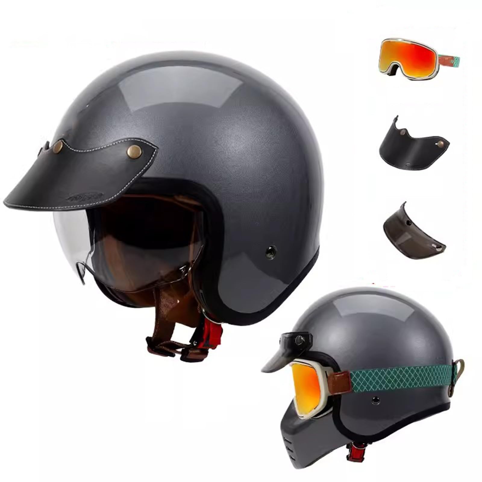 Motorrad-Halbhelm, Offener Helm im Retro-Stil mit Sonnenblende, Vintage-Jethelm, ECE-geprüfter Moped-Scooter-Sturzhelm für Erwachsene, Männer und Frauen A,M55-56CM von QJWMatic