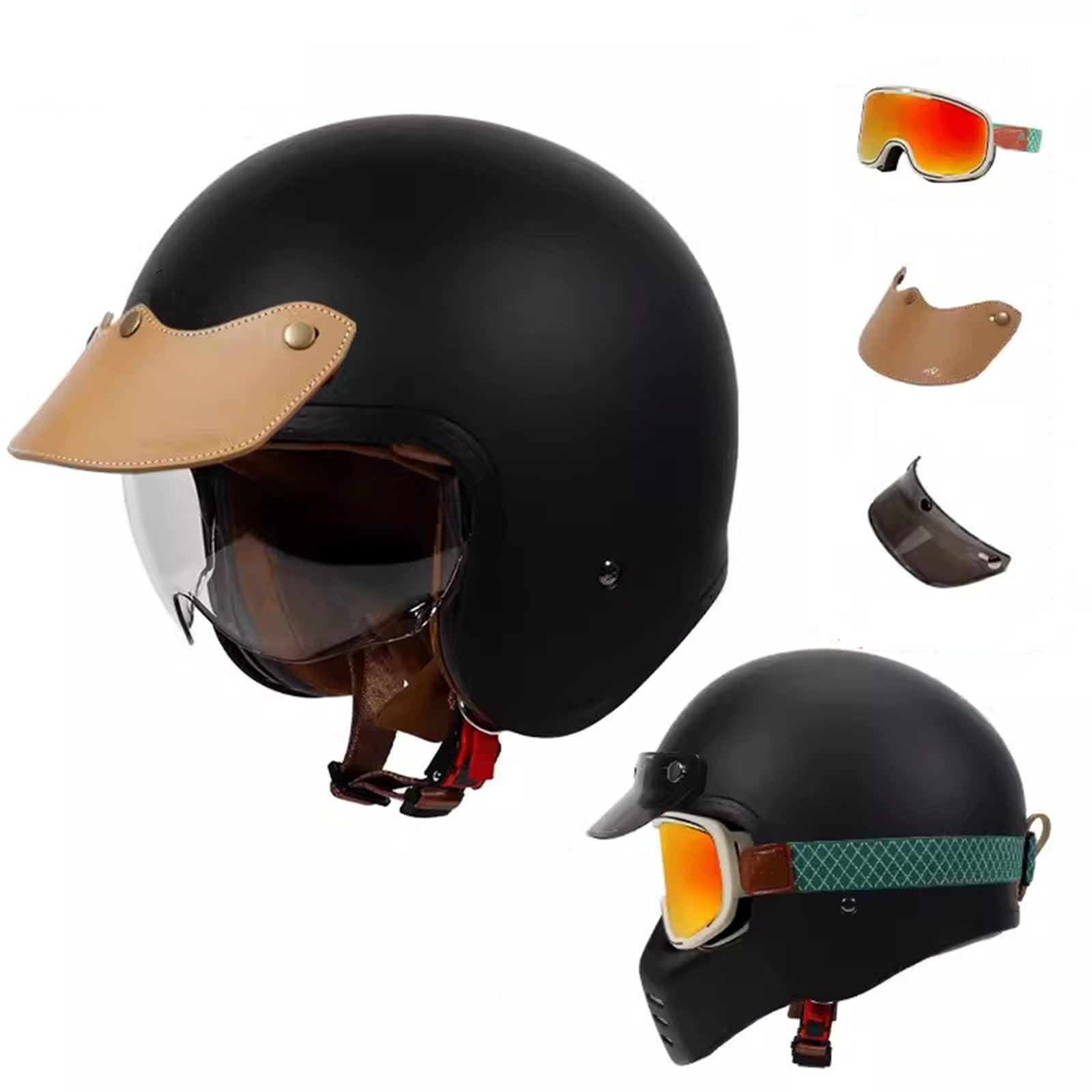 Motorrad-Halbhelm, Offener Helm im Retro-Stil mit Sonnenblende, Vintage-Jethelm, ECE-geprüfter Moped-Scooter-Sturzhelm für Erwachsene, Männer und Frauen C,3XL63-64CM von QJWMatic