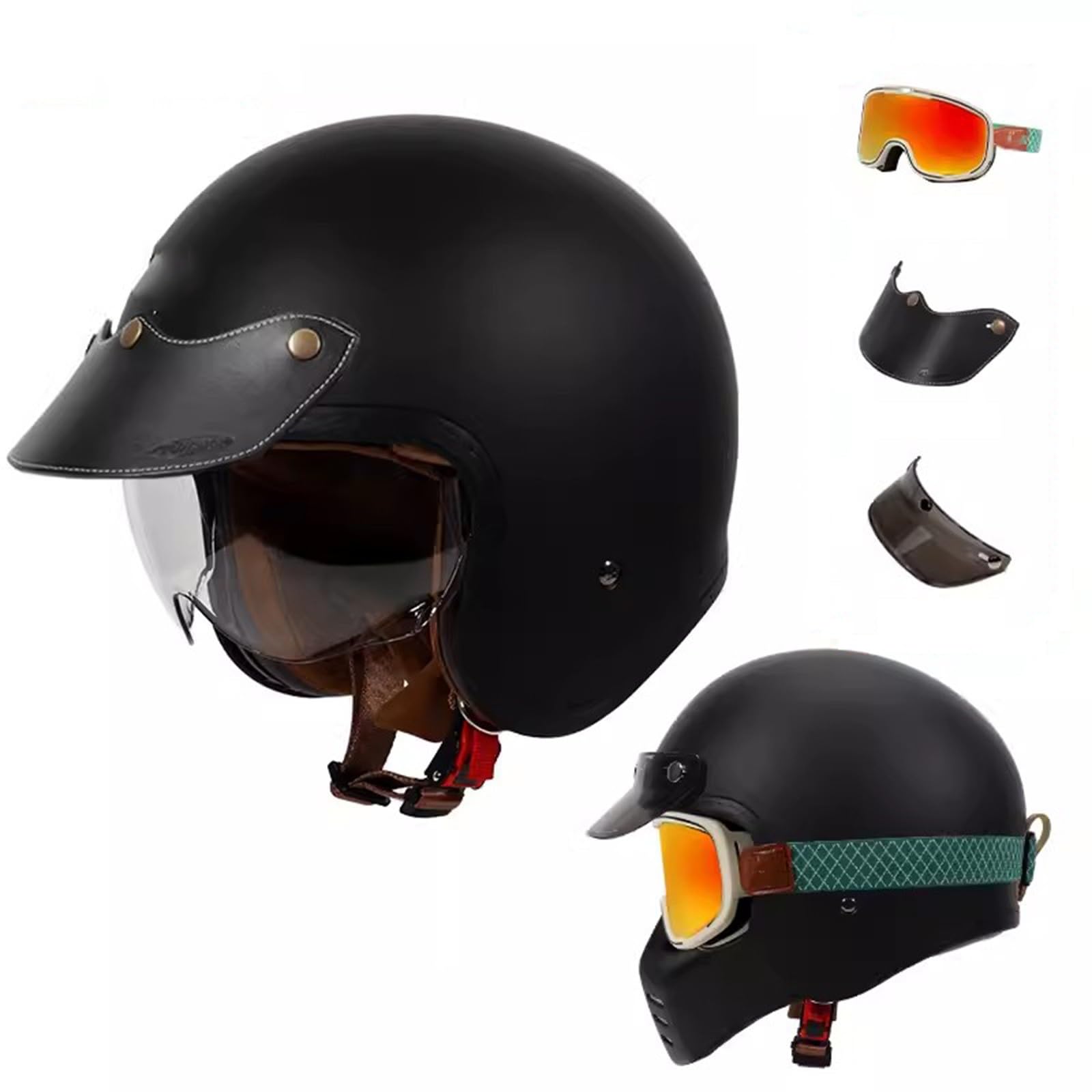 Motorrad-Halbhelm, Offener Helm im Retro-Stil mit Sonnenblende, Vintage-Jethelm, ECE-geprüfter Moped-Scooter-Sturzhelm für Erwachsene, Männer und Frauen D,4XL64-65CM von QJWMatic