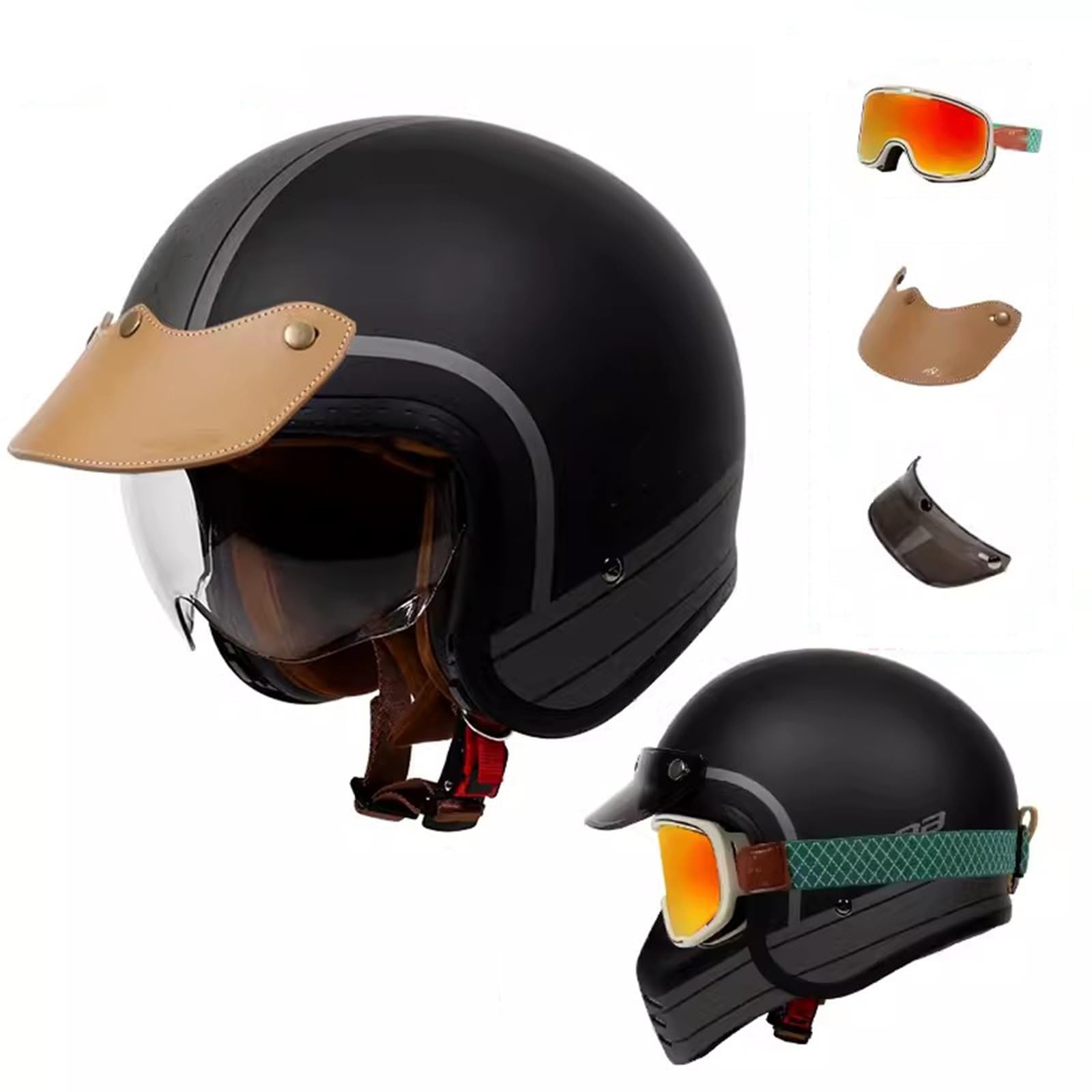 Motorrad-Halbhelm, Offener Helm im Retro-Stil mit Sonnenblende, Vintage-Jethelm, ECE-geprüfter Moped-Scooter-Sturzhelm für Erwachsene, Männer und Frauen E,3XL63-64CM von QJWMatic