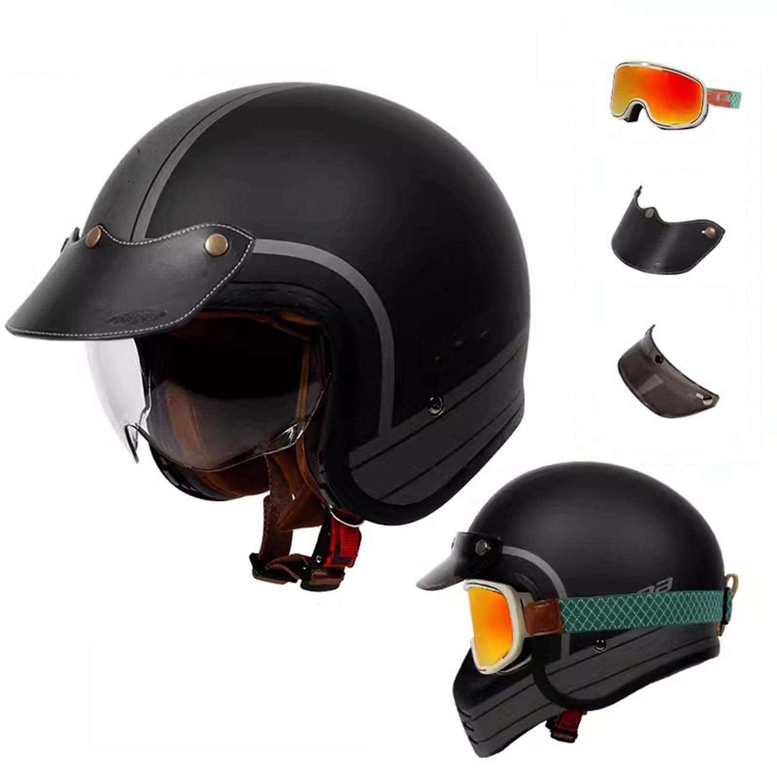 Motorrad-Halbhelm, Offener Helm im Retro-Stil mit Sonnenblende, Vintage-Jethelm, ECE-geprüfter Moped-Scooter-Sturzhelm für Erwachsene, Männer und Frauen F,4XL64-65CM von QJWMatic