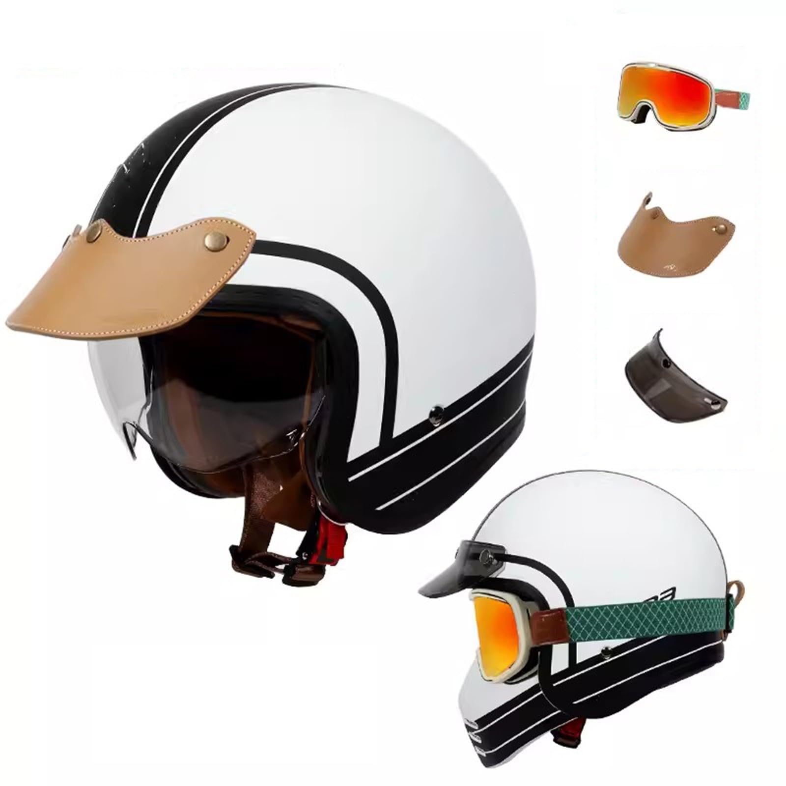 Motorrad-Halbhelm, Offener Helm im Retro-Stil mit Sonnenblende, Vintage-Jethelm, ECE-geprüfter Moped-Scooter-Sturzhelm für Erwachsene, Männer und Frauen H,XXL61-62CM von QJWMatic