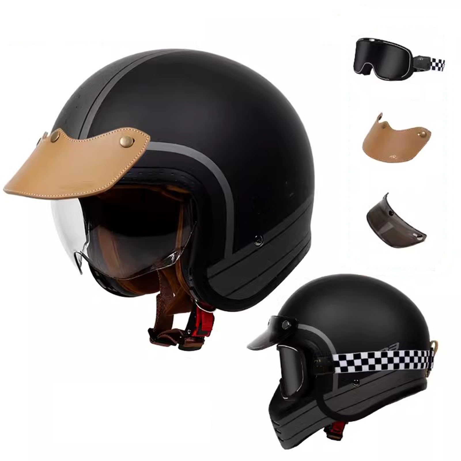 Motorrad-Halbhelm, Offener Helm im Retro-Stil mit Sonnenblende, Vintage-Jethelm, ECE-geprüfter Moped-Scooter-Sturzhelm für Erwachsene, Männer und Frauen J,4XL64-65CM von QJWMatic