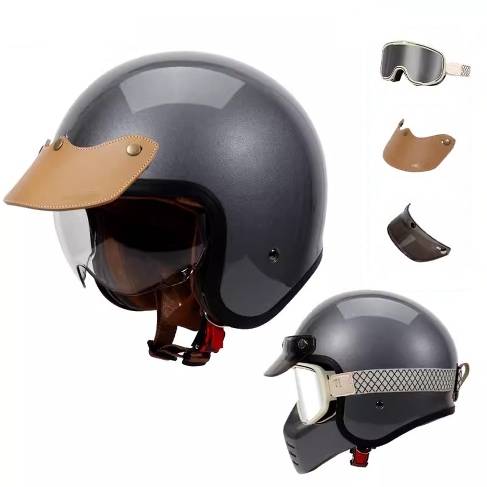 Motorrad-Retro-3/4-Jethelm, modisch, für Erwachsene, Herren und Damen ECE-Zertifiziert, für Mopeds Roller und ATVs für alle Jahreszeiten G,XL59-60CM von QJWMatic