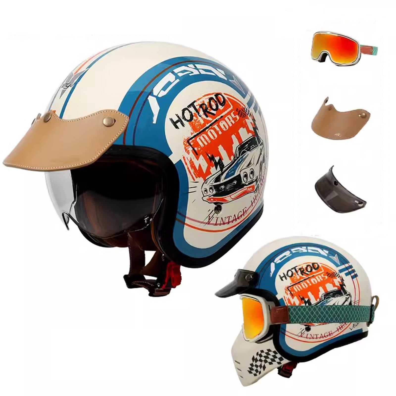 QJWMatic 3/4-Motorradhelm mit offenem Gesicht, Retro-Jethelm mit Hutkrempe und Schutzbrille, Cooler Scooter ATV Moped-Straßenhelm für Männer und Frauen ECE-geprüft A,3XL63-64CM von QJWMatic