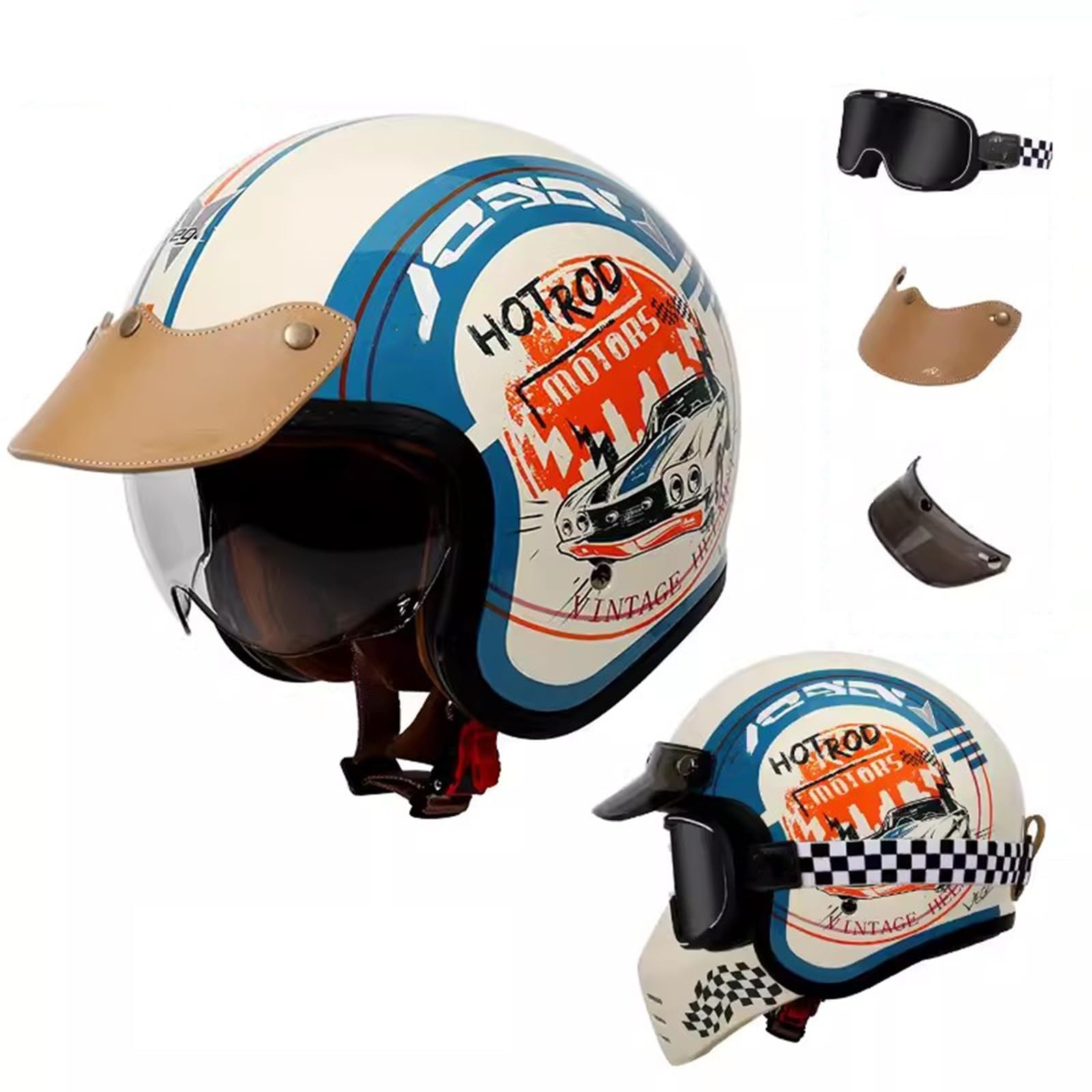 QJWMatic 3/4-Motorradhelm mit offenem Gesicht, Retro-Jethelm mit Hutkrempe und Schutzbrille, Cooler Scooter ATV Moped-Straßenhelm für Männer und Frauen ECE-geprüft C,3XL63-64CM von QJWMatic