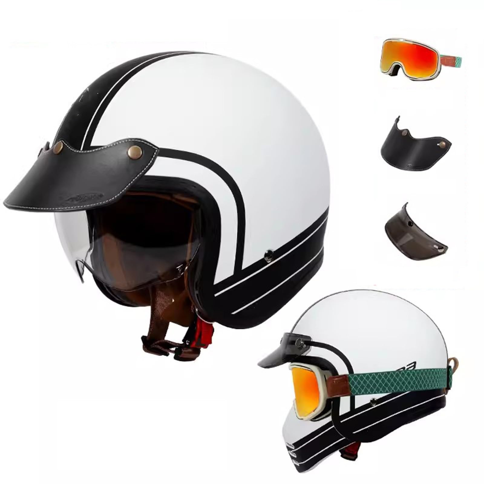 QJWMatic 3/4-Motorradhelm mit offenem Gesicht, Retro-Jethelm mit Hutkrempe und Schutzbrille, Cooler Scooter ATV Moped-Straßenhelm für Männer und Frauen ECE-geprüft E,M55-56CM von QJWMatic