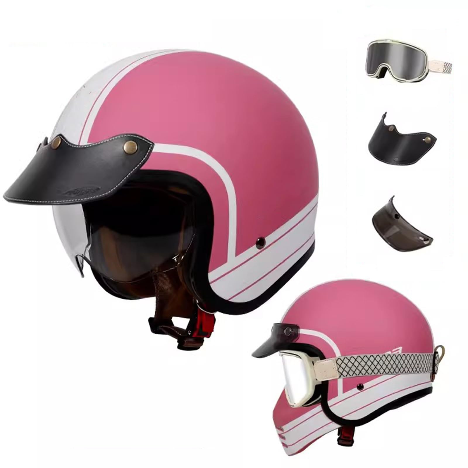 QJWMatic 3/4-Motorradhelm mit offenem Gesicht, Retro-Jethelm mit Hutkrempe und Schutzbrille, Cooler Scooter ATV Moped-Straßenhelm für Männer und Frauen ECE-geprüft F,L57-58CM von QJWMatic