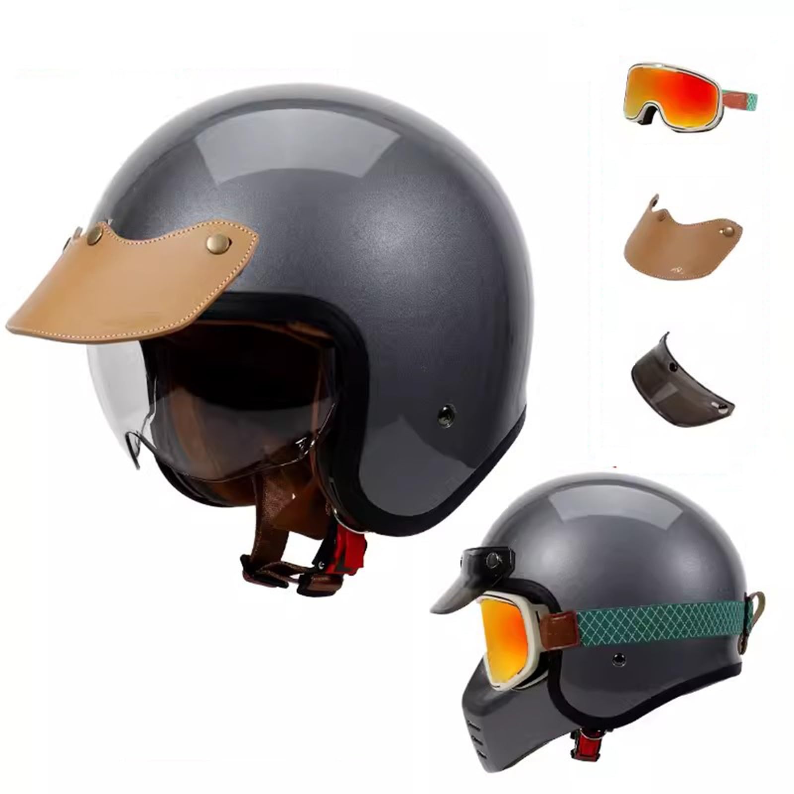 QJWMatic 3/4-Motorradhelm mit offenem Gesicht, Retro-Jethelm mit Hutkrempe und Schutzbrille, Cooler Scooter ATV Moped-Straßenhelm für Männer und Frauen ECE-geprüft H,L57-58CM von QJWMatic