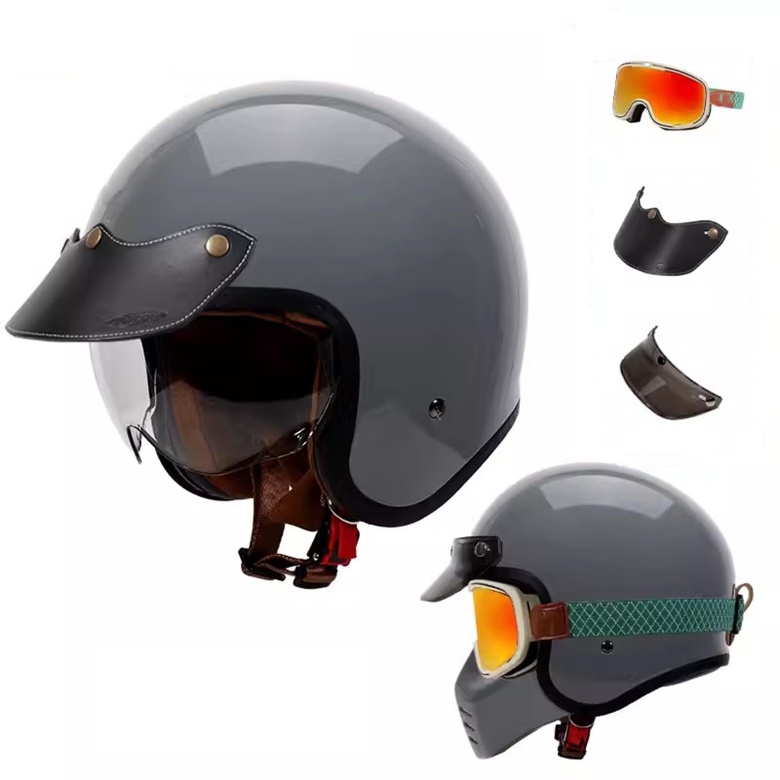 QJWMatic Motorrad-Jethelm, 3/4-Helm, Retro-Halbhelm für Herren und Damen, mit Visier Vierjahreszeitenhelm für Erwachsene Moped-Scooter-ATV-Helm ECE-geprüft C,L57-58CM von QJWMatic