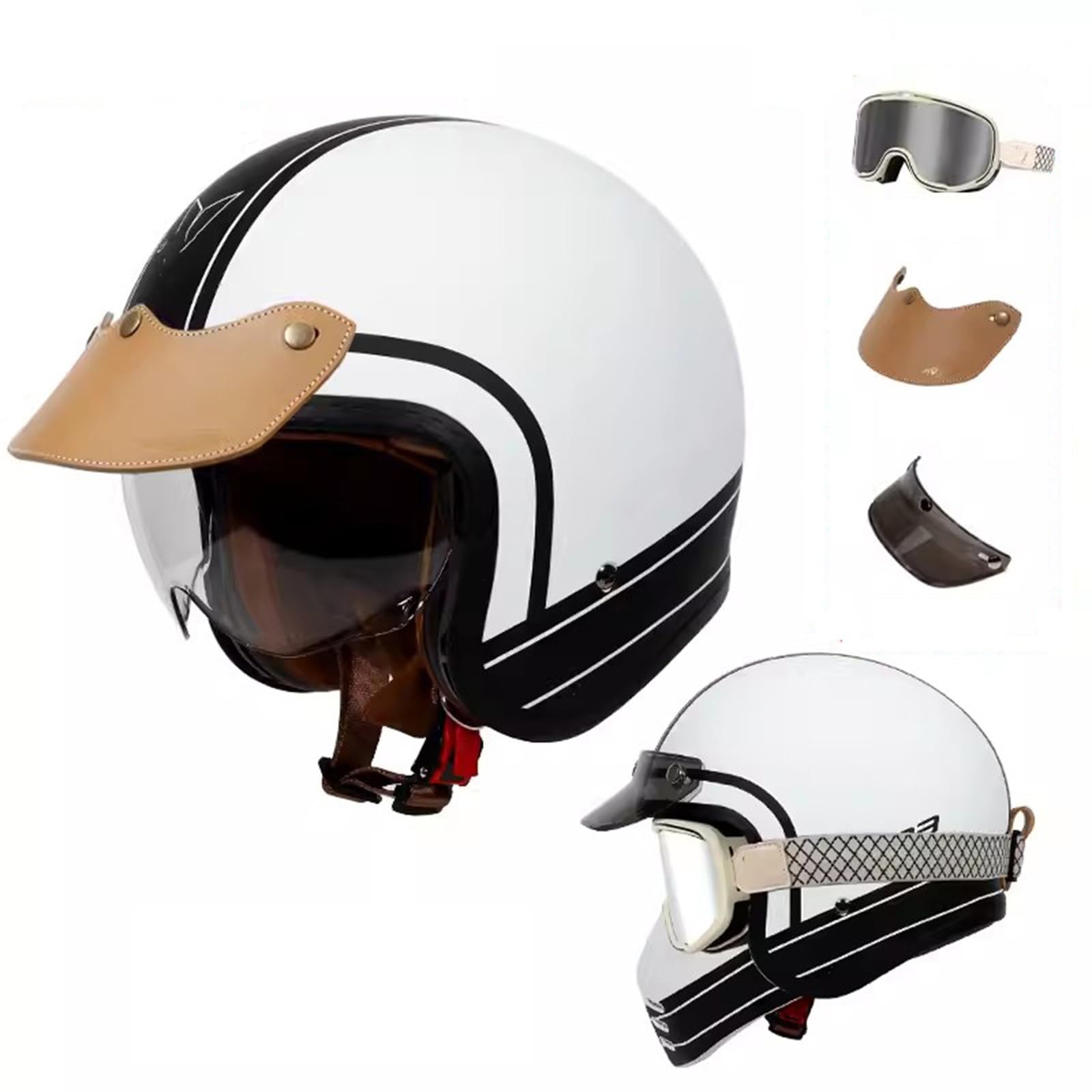 QJWMatic Motorrad-Jethelm, 3/4-Helm, Retro-Halbhelm für Herren und Damen, mit Visier Vierjahreszeitenhelm für Erwachsene Moped-Scooter-ATV-Helm ECE-geprüft D,XXL61-62CM von QJWMatic