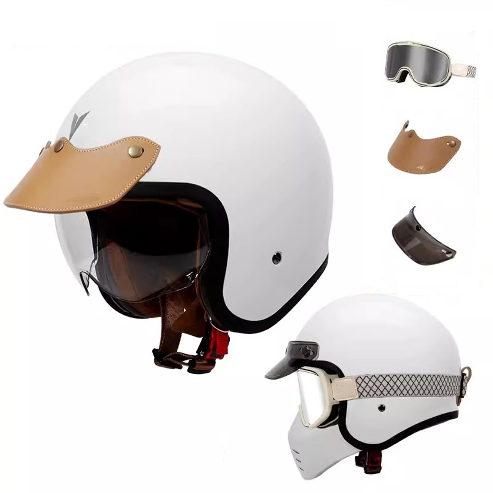 QJWMatic Motorrad-Jethelm, 3/4-Helm, Retro-Halbhelm für Herren und Damen, mit Visier Vierjahreszeitenhelm für Erwachsene Moped-Scooter-ATV-Helm ECE-geprüft E,XXL61-62CM von QJWMatic