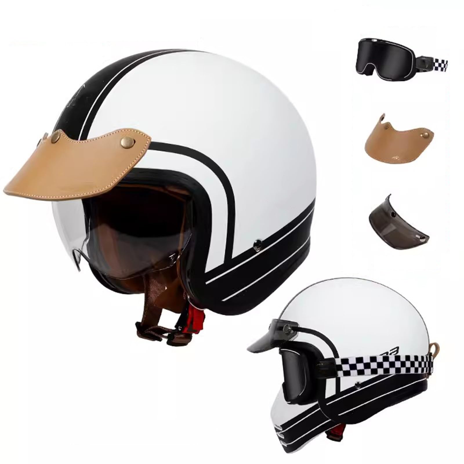 QJWMatic Motorrad-Jethelm, 3/4-Helm, Retro-Halbhelm für Herren und Damen, mit Visier Vierjahreszeitenhelm für Erwachsene Moped-Scooter-ATV-Helm ECE-geprüft G,L57-58CM von QJWMatic