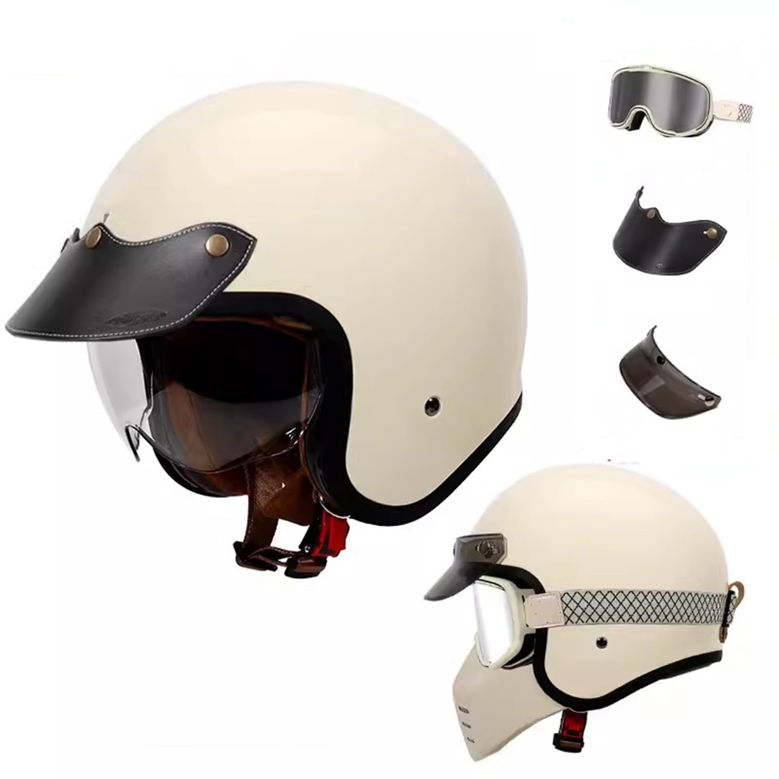 QJWMatic Motorrad-Jethelm, 3/4-Helm, Retro-Halbhelm für Herren und Damen, mit Visier Vierjahreszeitenhelm für Erwachsene Moped-Scooter-ATV-Helm ECE-geprüft H,3XL63-64CM von QJWMatic