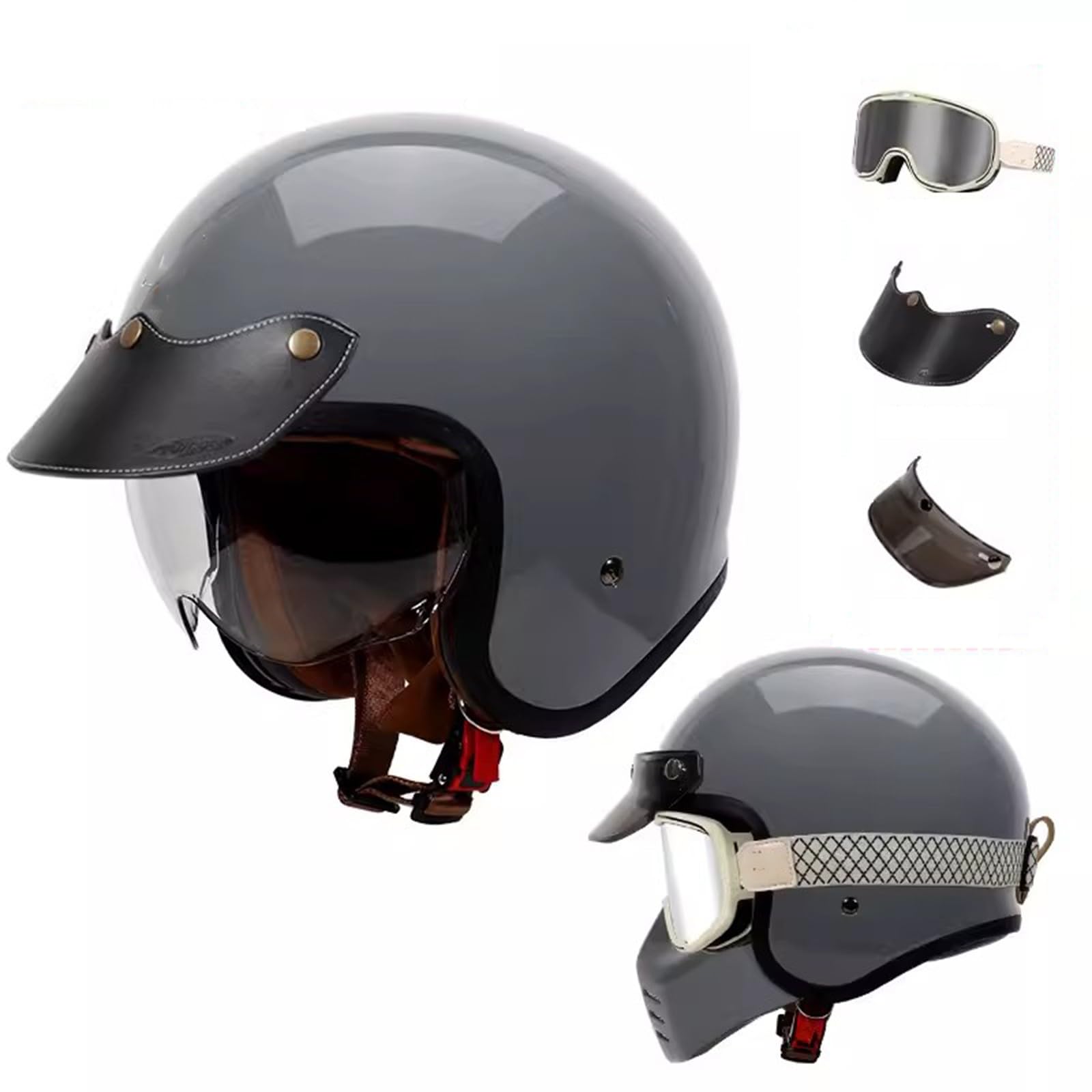 QJWMatic Motorrad-Jethelm, 3/4-Helm, Retro-Halbhelm für Herren und Damen, mit Visier Vierjahreszeitenhelm für Erwachsene Moped-Scooter-ATV-Helm ECE-geprüft J,4XL64-65CM von QJWMatic