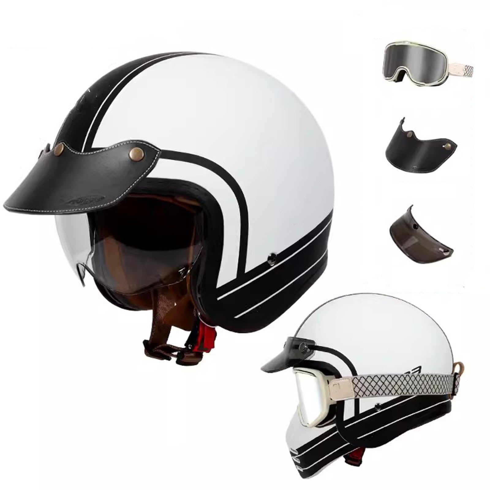 QJWMatic Offener Motorradhelm für Vespa, Erwachsene, Damen, Herren, 3/4-Retro-Klassiker, Mopedhelm, ECE-geprüft, Halbhelm, Vintage-Scooter-Helme mit Visier A,L57-58CM von QJWMatic