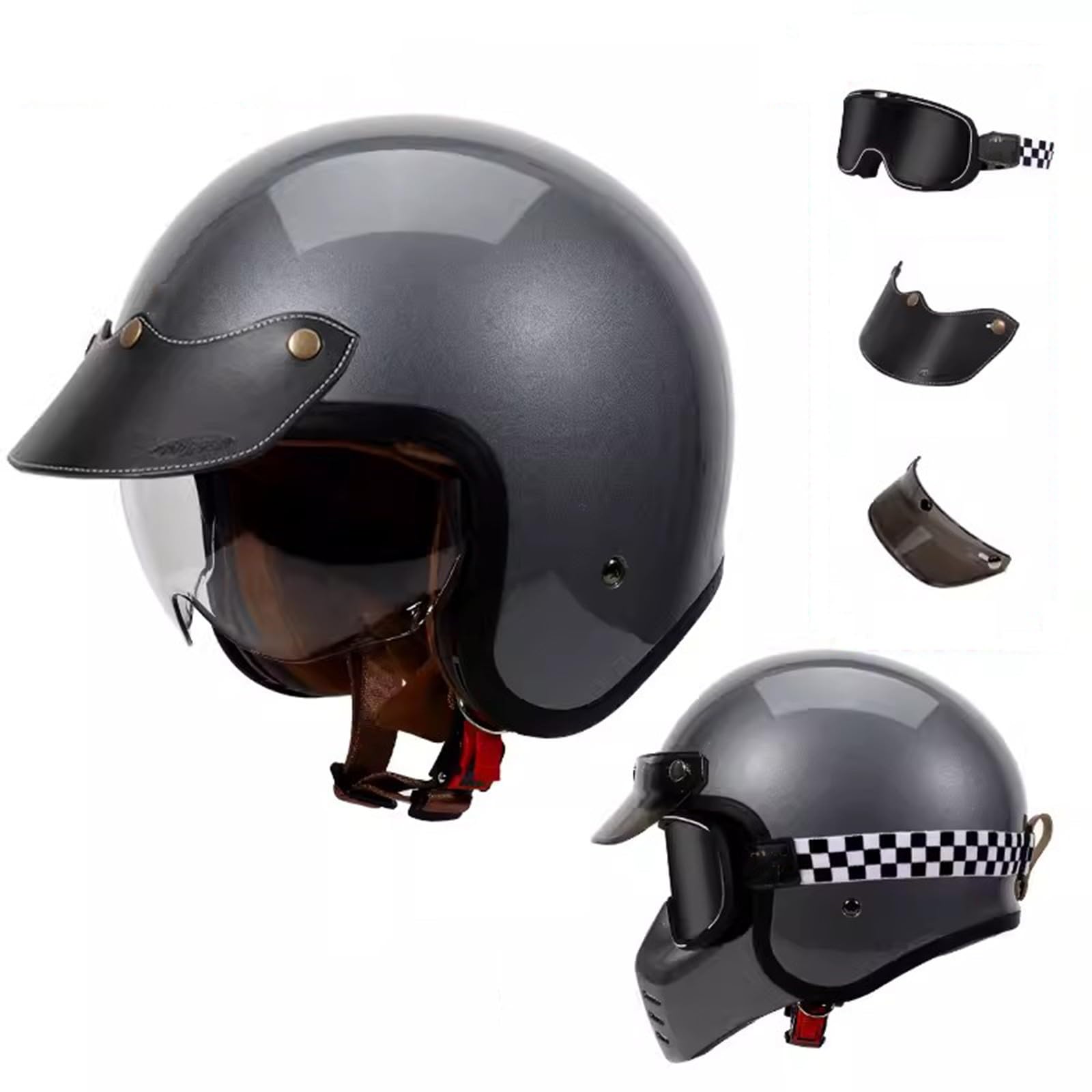 QJWMatic Offener Motorradhelm für Vespa, Erwachsene, Damen, Herren, 3/4-Retro-Klassiker, Mopedhelm, ECE-geprüft, Halbhelm, Vintage-Scooter-Helme mit Visier B,4XL64-65CM von QJWMatic