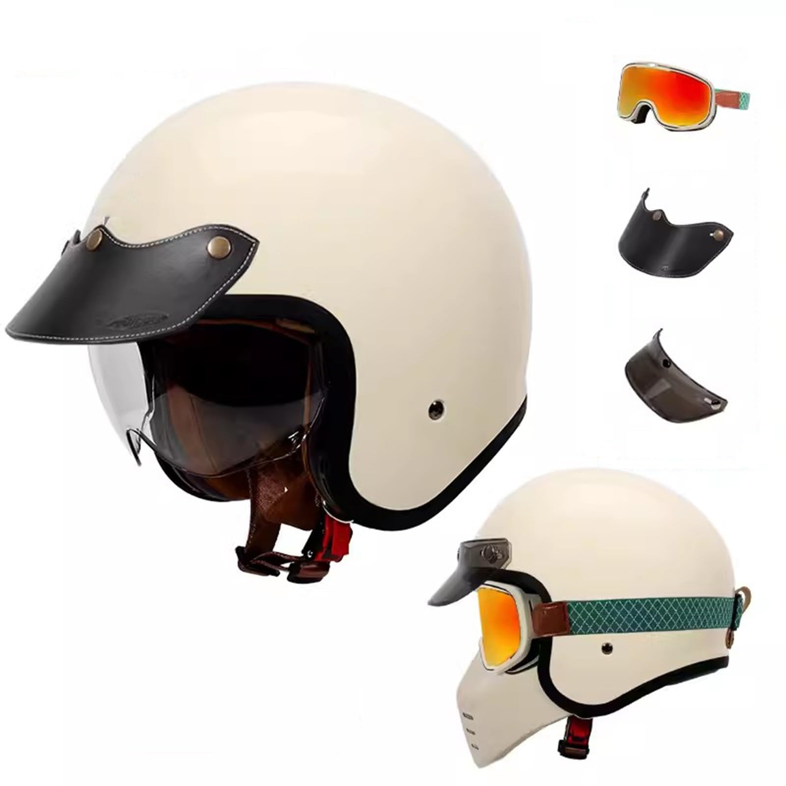 QJWMatic Offener Motorradhelm für Vespa, Erwachsene, Damen, Herren, 3/4-Retro-Klassiker, Mopedhelm, ECE-geprüft, Halbhelm, Vintage-Scooter-Helme mit Visier F,M55-56CM von QJWMatic